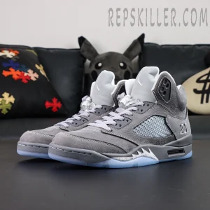 Air Jordan 5 Retro ‘Wolf Grey’ 2026 front angled pair shot with reflective tongue