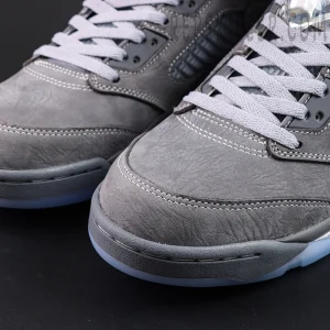 Air Jordan 5 Retro ‘Wolf Grey’ 2026 close-up of grey suede toe box and stitching