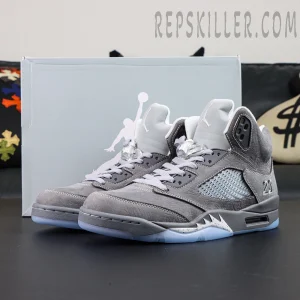 Air Jordan 5 Retro ‘Wolf Grey’ 2026 front angled view displayed with original grey Jumpman box