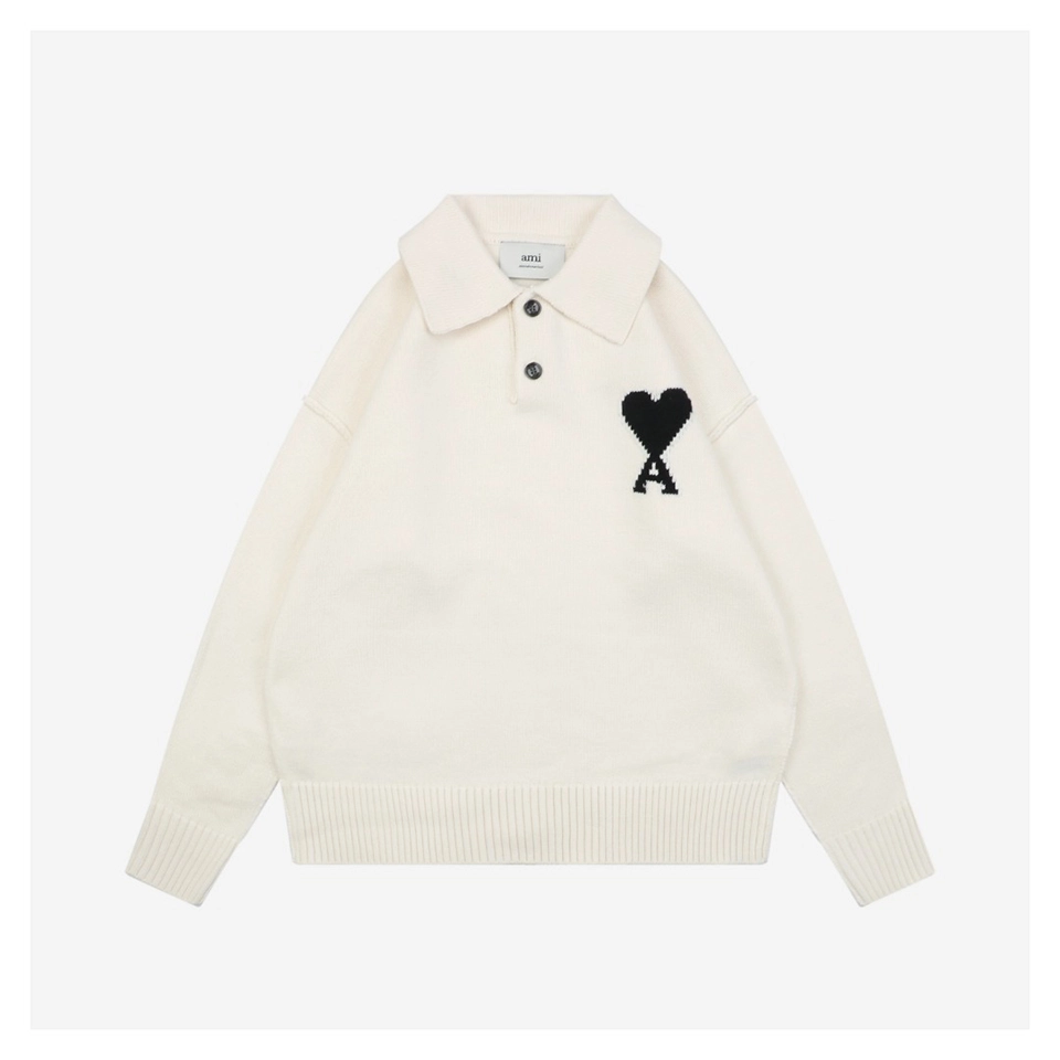Ami Heart Logo Polo Knit Sweater White
