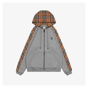 BBry BT Embroidery Plaid Panel Zip Hoodie Grey