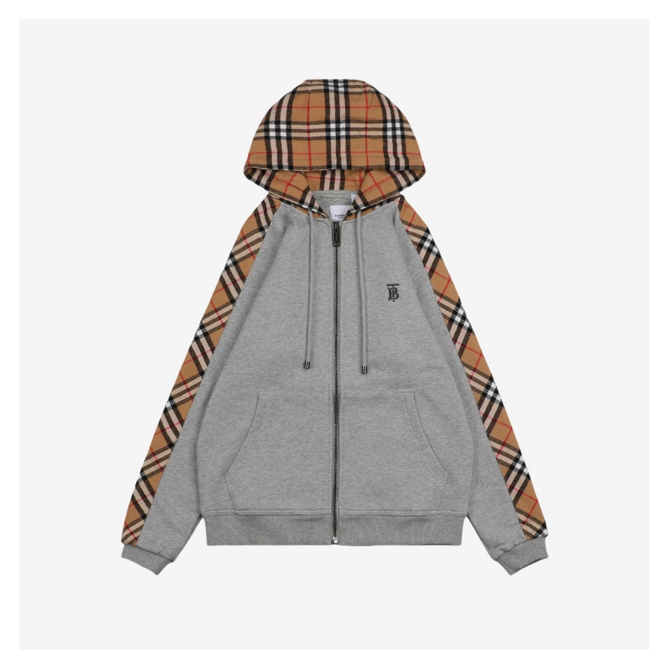 BBry BT Embroidery Plaid Panel Zip Hoodie Grey