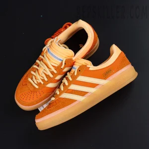 Top-down view of the Bad Bunny x Gazelle Indoor ‘Santurce’ showcasing orange suede overlays and cream laces.