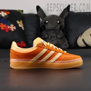 Medial side view showcasing the suede-and-leather construction of the Bad Bunny x Gazelle Indoor ‘Santurce’.