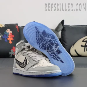 Dior x Air Jordan 1 High showcasing translucent icy blue outsole with Dior Wings logo beneath.