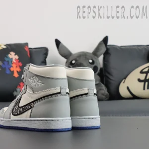 Back-side view of Dior x Air Jordan 1 High displaying leather overlays and clean stitching.