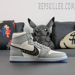 Side profile of Dior x Air Jordan 1 High emphasizing Dior monogram Swoosh logo.