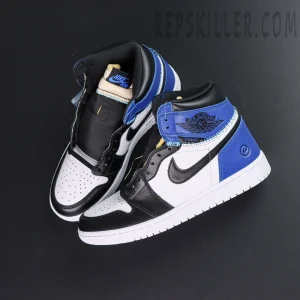 Fragment Design x Union LA x Air Jordan 1 Retro High OG ‘Sport Royal’ crossover top angle layout with exposed stitching