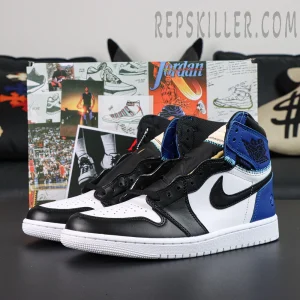 Fragment Design x Union LA x Air Jordan 1 Retro High OG ‘Sport Royal’ side profile with retro collage Jordan packaging