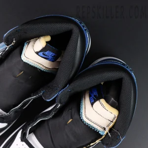 Fragment Design x Union LA x Air Jordan 1 Retro High OG ‘Sport Royal’ top-down shot showing exposed foam tongue and label