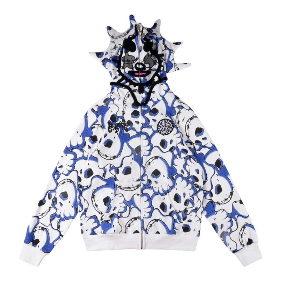 Glo Gang Spiked Full-Zip Skull Print Hoodie