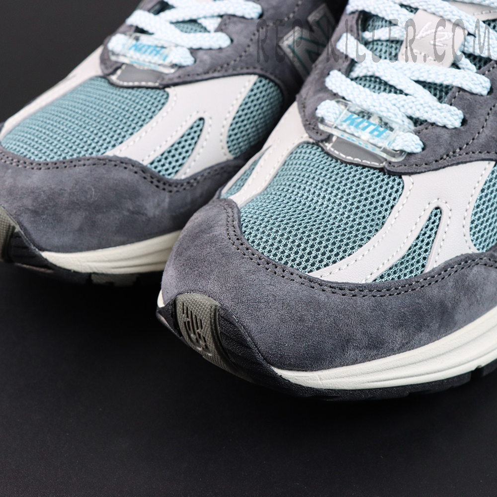 Kith x New Balance 991v2 ‘Osaka Pack’ toe box detail highlighting suede and mesh layering
