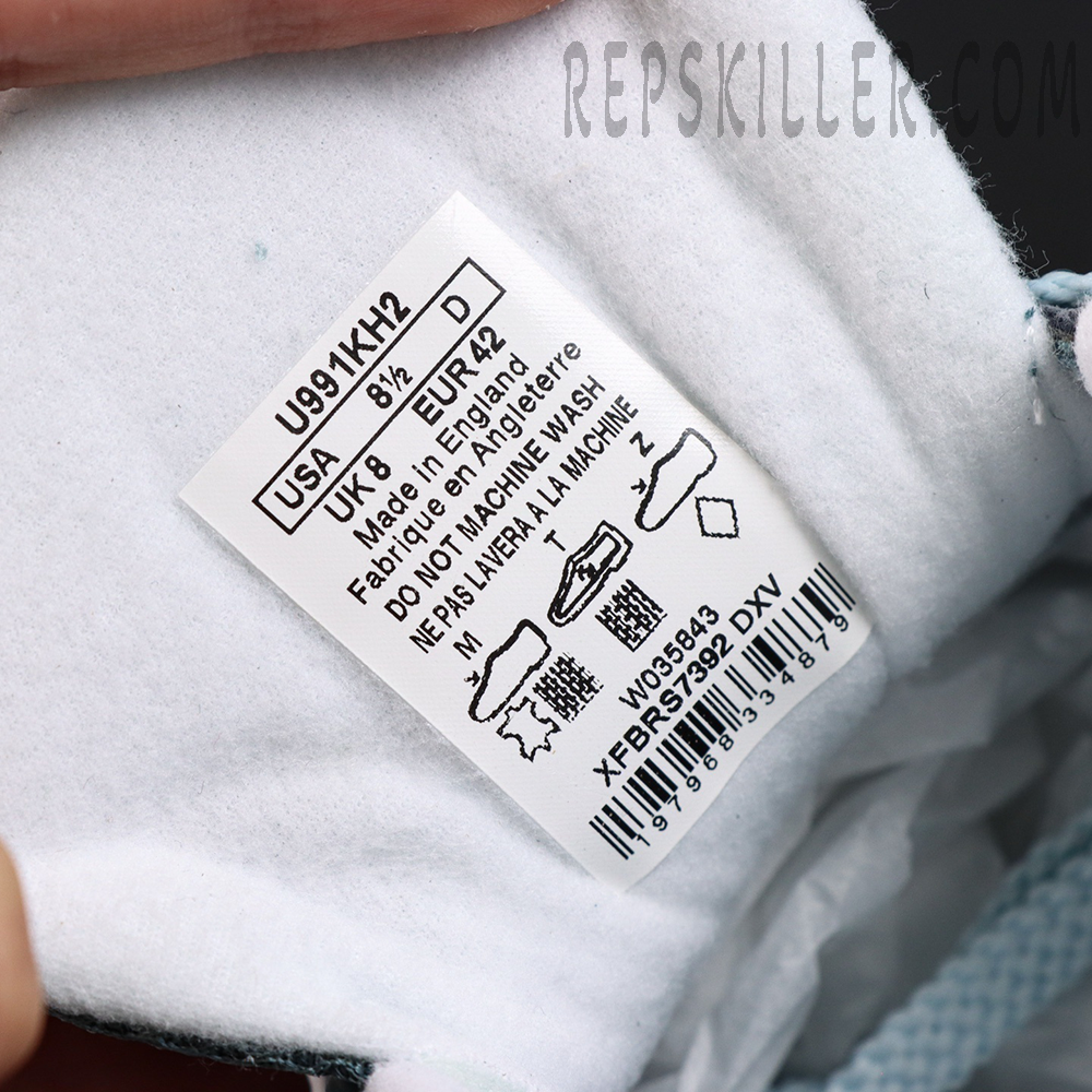 Inner label of Kith x New Balance 991v2 ‘Osaka Pack’ showing size, UK8 / EUR42 / U991KH2