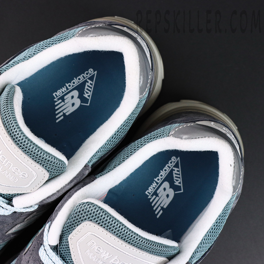 Top-down view of Kith x New Balance 991v2 ‘Osaka Pack’ insoles with co-branded New Balance x KITH logos