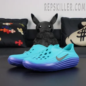 Angled view of the Nike ReactX Rejuven8 ‘Dusty Cactus Persian Violet’, highlighting its aerodynamic silhouette and multi-layered upper construction.