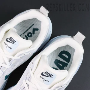 Nike Vomero 18 ‘Summit White Geode Teal’ top-down layout showing teal printed insoles and RUN tongue label
