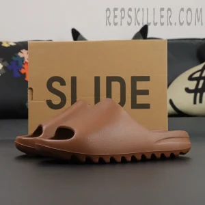 Yeezy Slides ‘Flax’ side angle with original Slide box