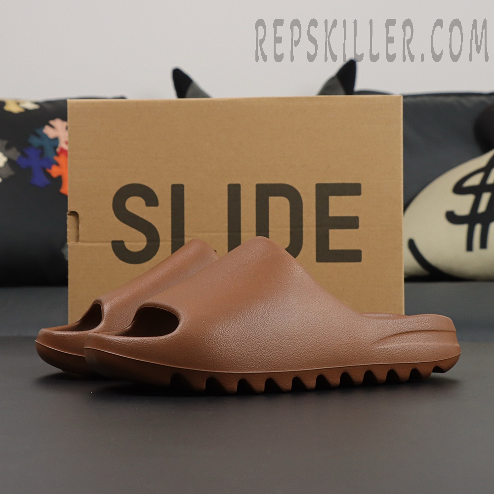 Yeezy Slides ‘Flax’ side angle with original Slide box