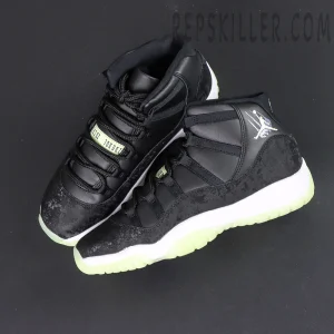 Air Jordan 11 Retro GS ‘Inner Beast’ — Overhead layout of both shoes displaying bold black upper and icy green sole.