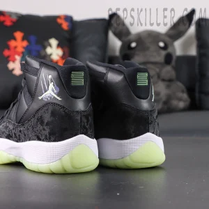 Air Jordan 11 Retro GS ‘Inner Beast’ — Rear view focusing on dual heel embroidery and luminous outsole edge.