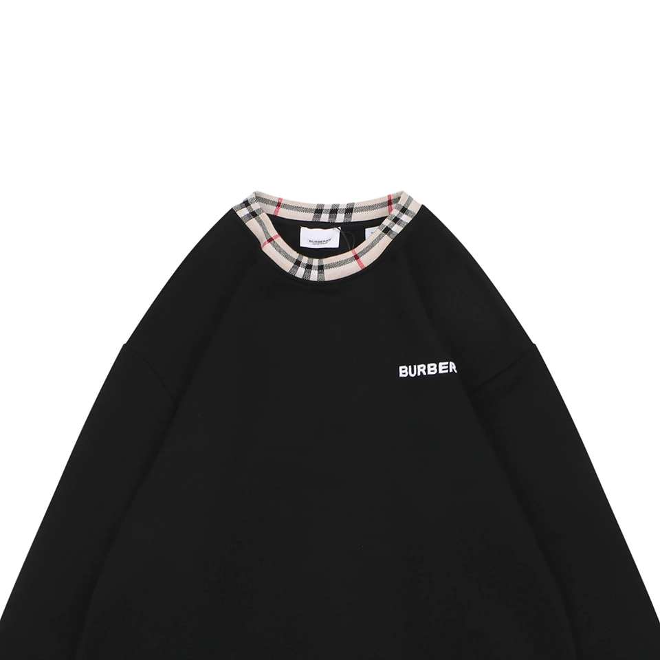 BBry Plaid Collar Logo Embroidered Crewneck Sweatshirt Black