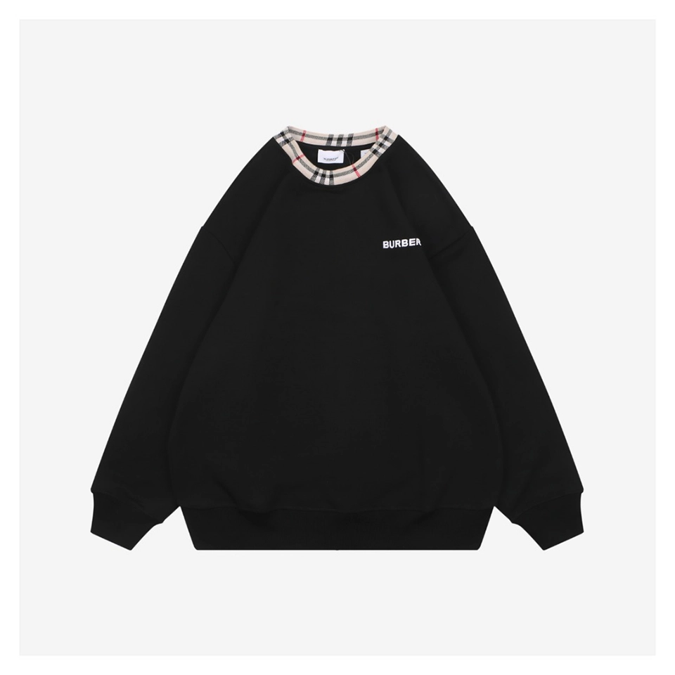 BBry Plaid Collar Logo Embroidered Crewneck Sweatshirt Black Front side