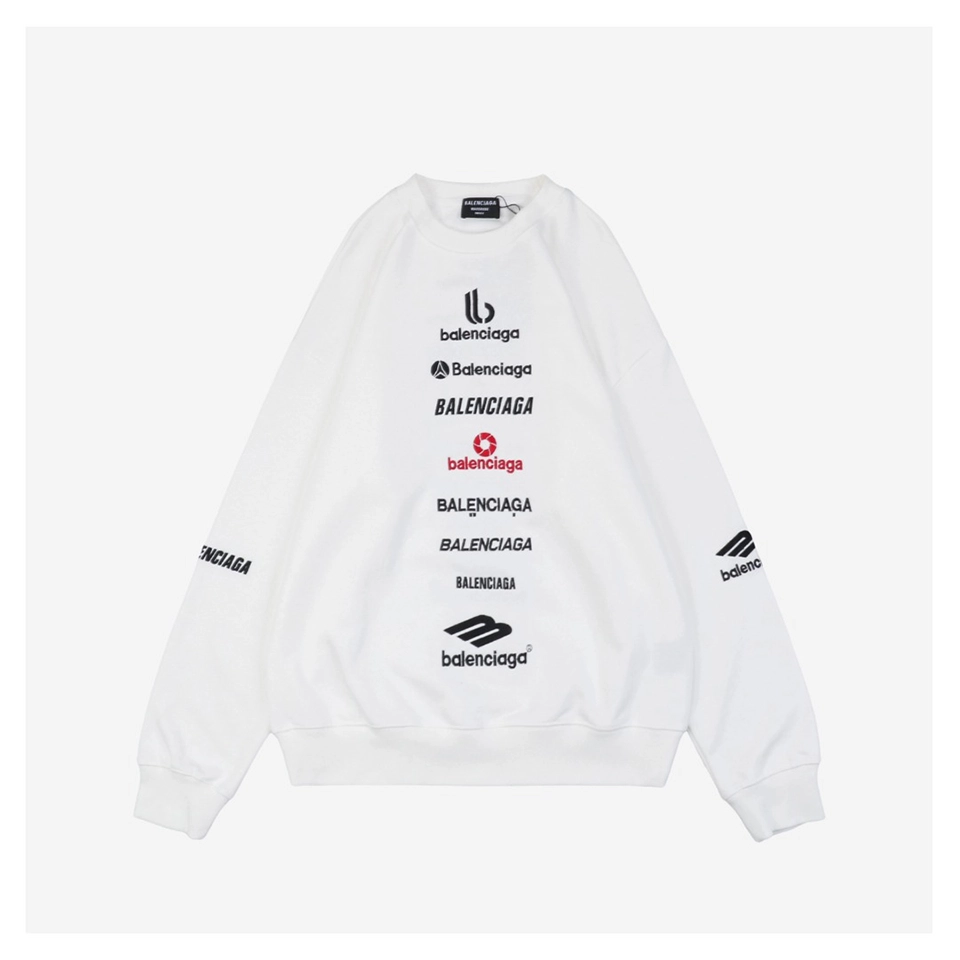 Balenciaga Vertical Multilogo Embroidered Crewneck Shirt White
