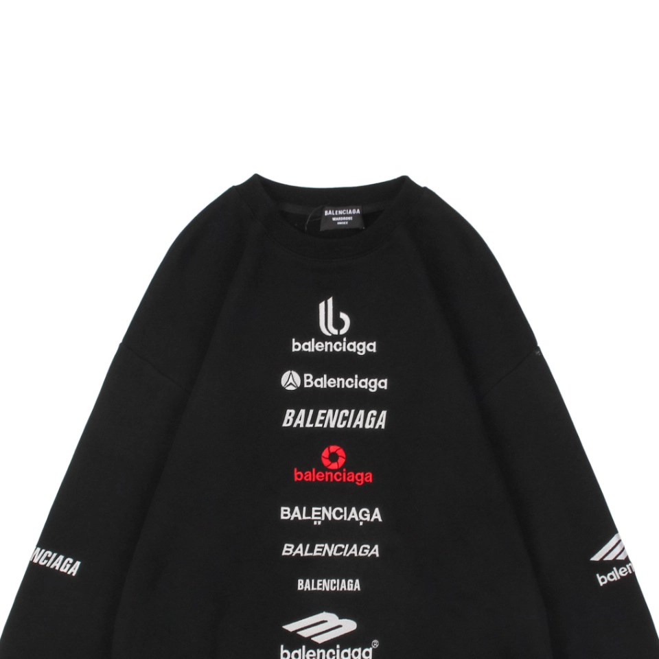 Balenciaga Vertical Multilogo Embroidered Crewneck Shirt Black