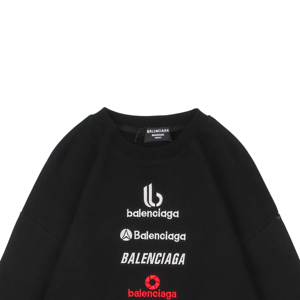 Balenciaga Vertical Multilogo Embroidered Crewneck Shirt Black