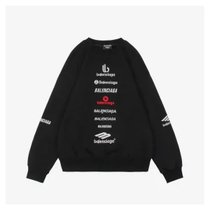 Balenciaga Vertical Multilogo Embroidered Crewneck Shirt Black Front side