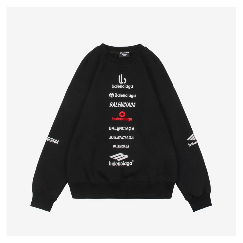 Balenciaga Vertical Multilogo Embroidered Crewneck Shirt Black Front side