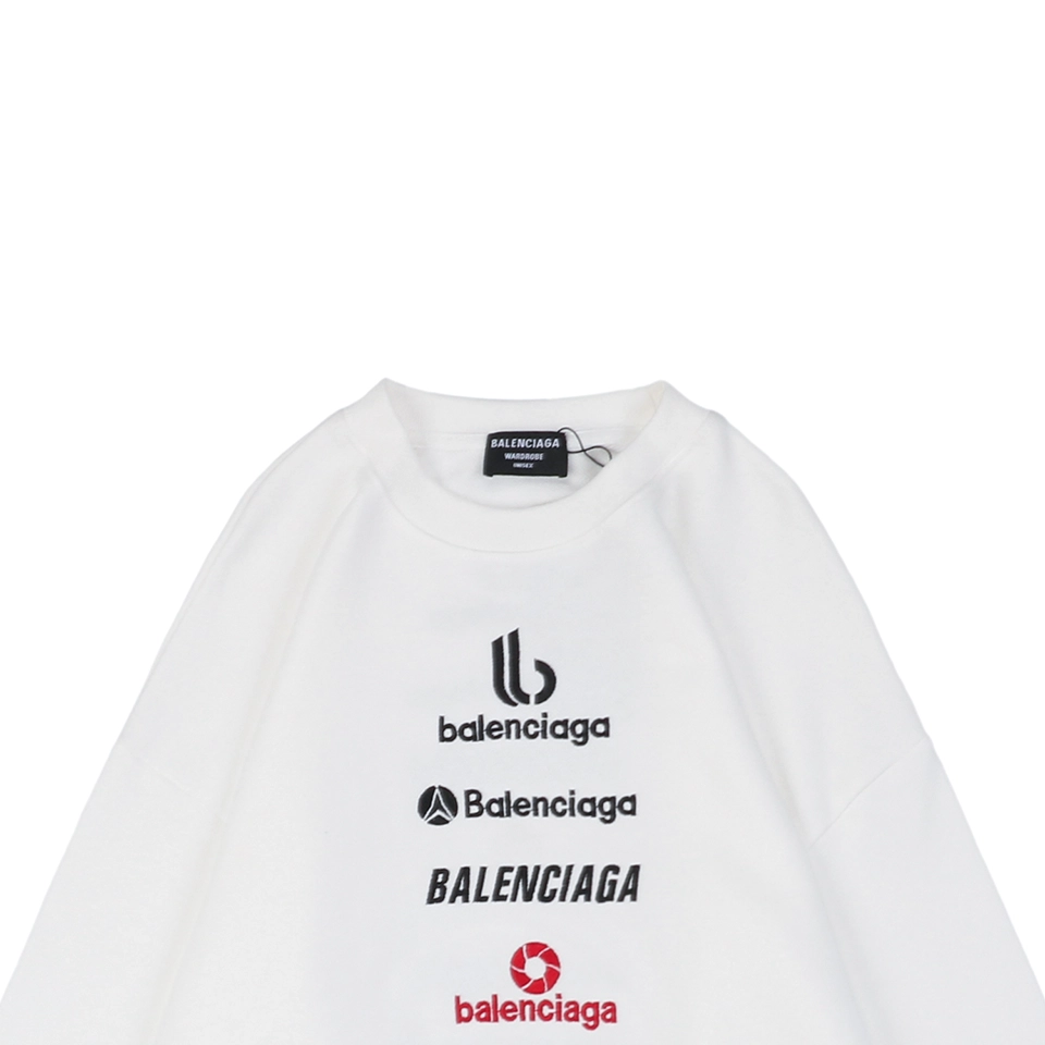 Balenciaga Vertical Multilogo Embroidered Crewneck Shirt White
