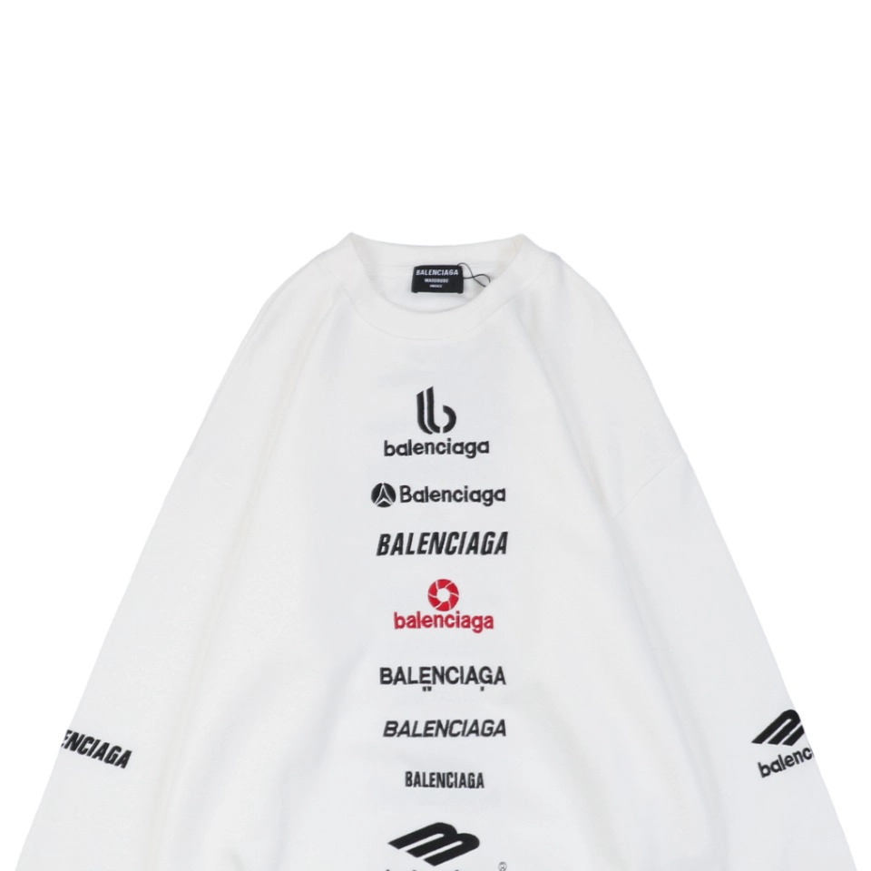 Balenciaga Vertical Multilogo Embroidered Crewneck Shirt White