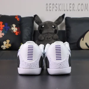 Nike Kobe 9 EM Protro TB ‘Lakers Home’ — Rear heel view showing purple stripe details and Kobe logo at the heel.