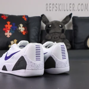 Nike Kobe 9 EM Protro TB ‘Lakers Home’ — Back angle highlighting dual heels with purple lines and Kobe logo.