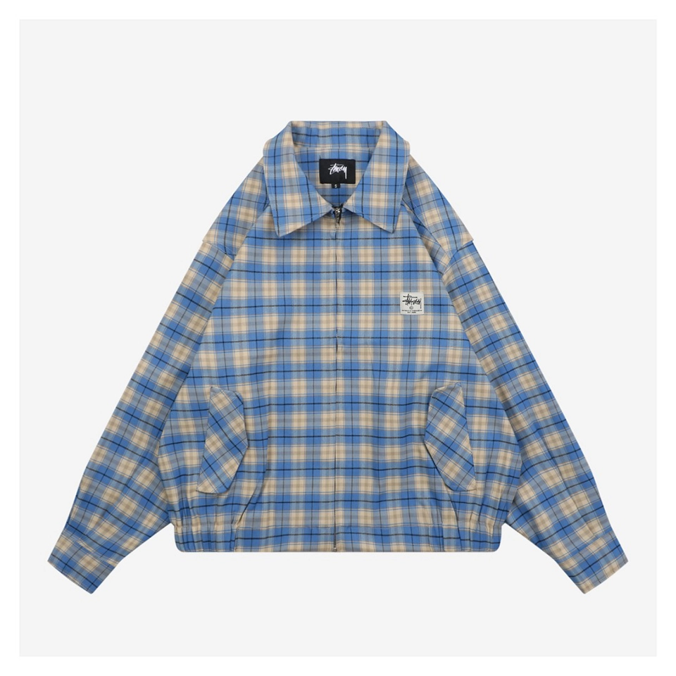 Stussy Blue Plaid Logo Patch Jacket
