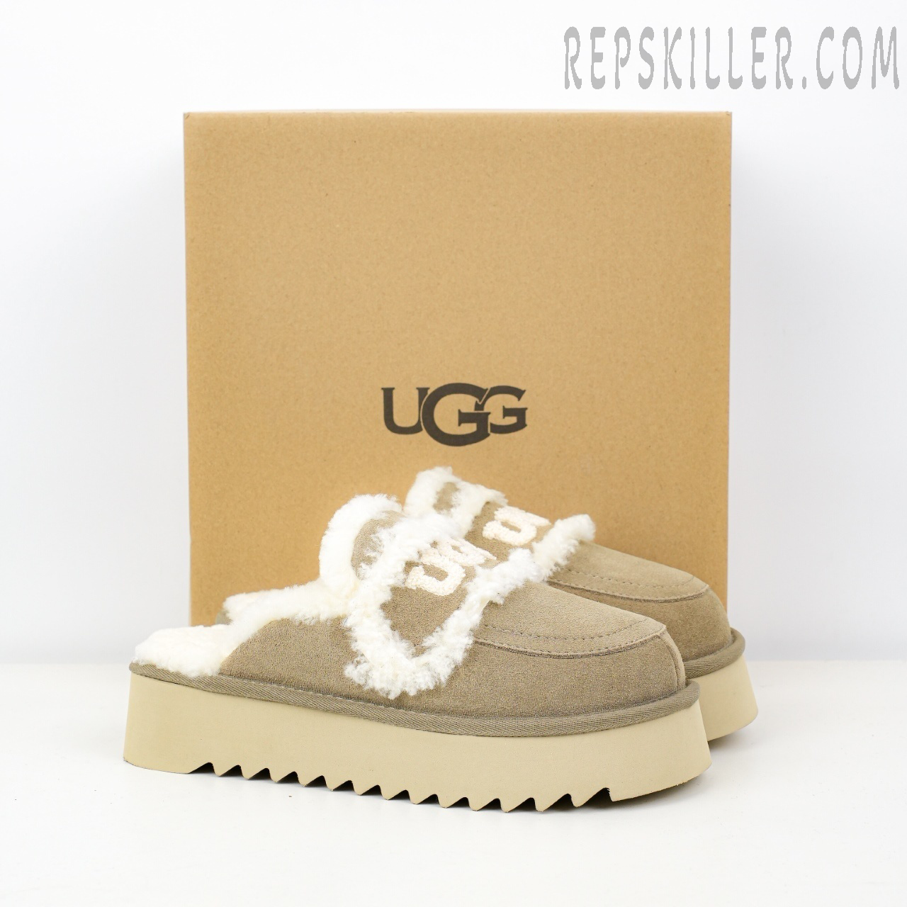 Violet Shearling Platform Slipper Sand Grey