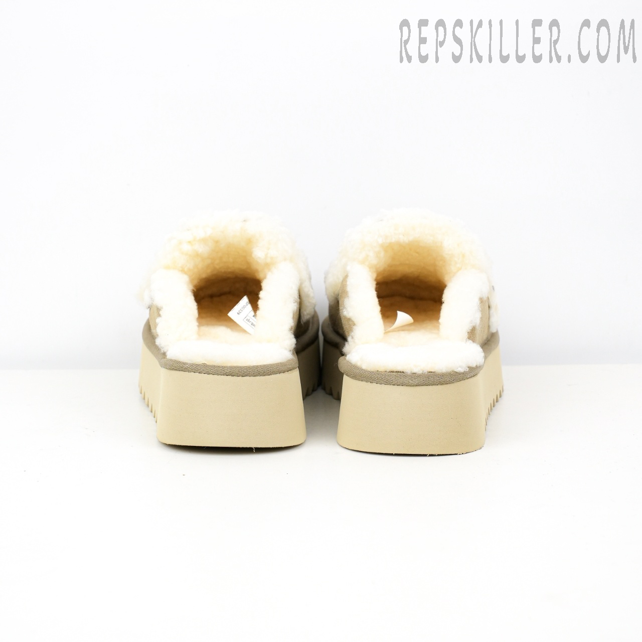 Violet Shearling Platform Slipper Sand Grey Heels