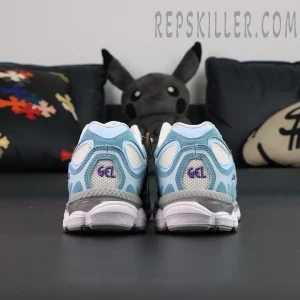 Back view of ASICS GEL-NYC “Arctic Sky” pair showing embroidered GEL logo on heels.