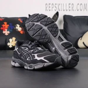 Outsole and side view of ASICS GEL-NYC “Graphite Grey Black” showing tread pattern and cushioning system.