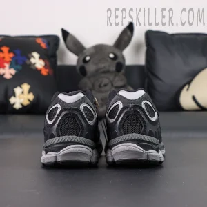 Rear view of ASICS GEL-NYC “Graphite Grey Black” showing black mesh heel and embossed GEL logo.