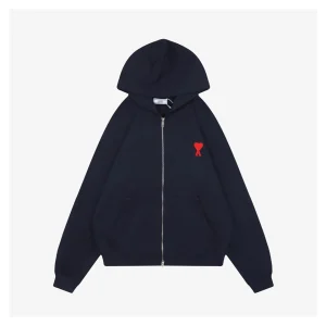 Ami Paris Heart Logo Embroidered Zip-Up Hoodie Navy Front view