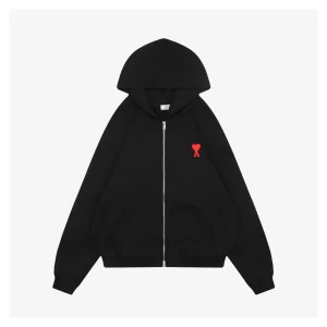 Ami Paris Heart Logo Embroidered Zip-Up Hoodie Black Front view