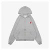 Ami Paris Heart Logo Embroidered Zip-Up Hoodie (Grey/Navy/Black)