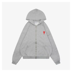 Ami Paris Heart Logo Embroidered Zip-Up Hoodie Grey Front view