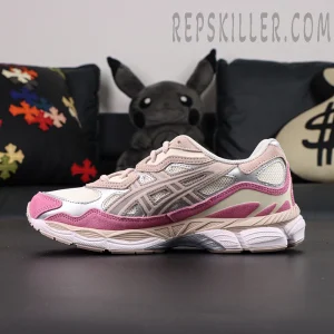 Side profile of ASICS GEL-NYC “Cream Pink” featuring layered cream and pink suede with breathable mesh panels.