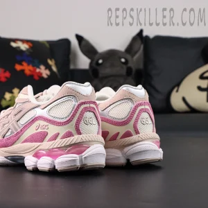 Angled rear view of ASICS GEL-NYC “Cream Pink” showing heel structure and pink GEL unit.