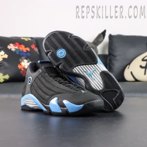 Outsole and side view of Air Jordan 14 “Black University Blue” highlighting black nubuck upper and blue midsole panels.