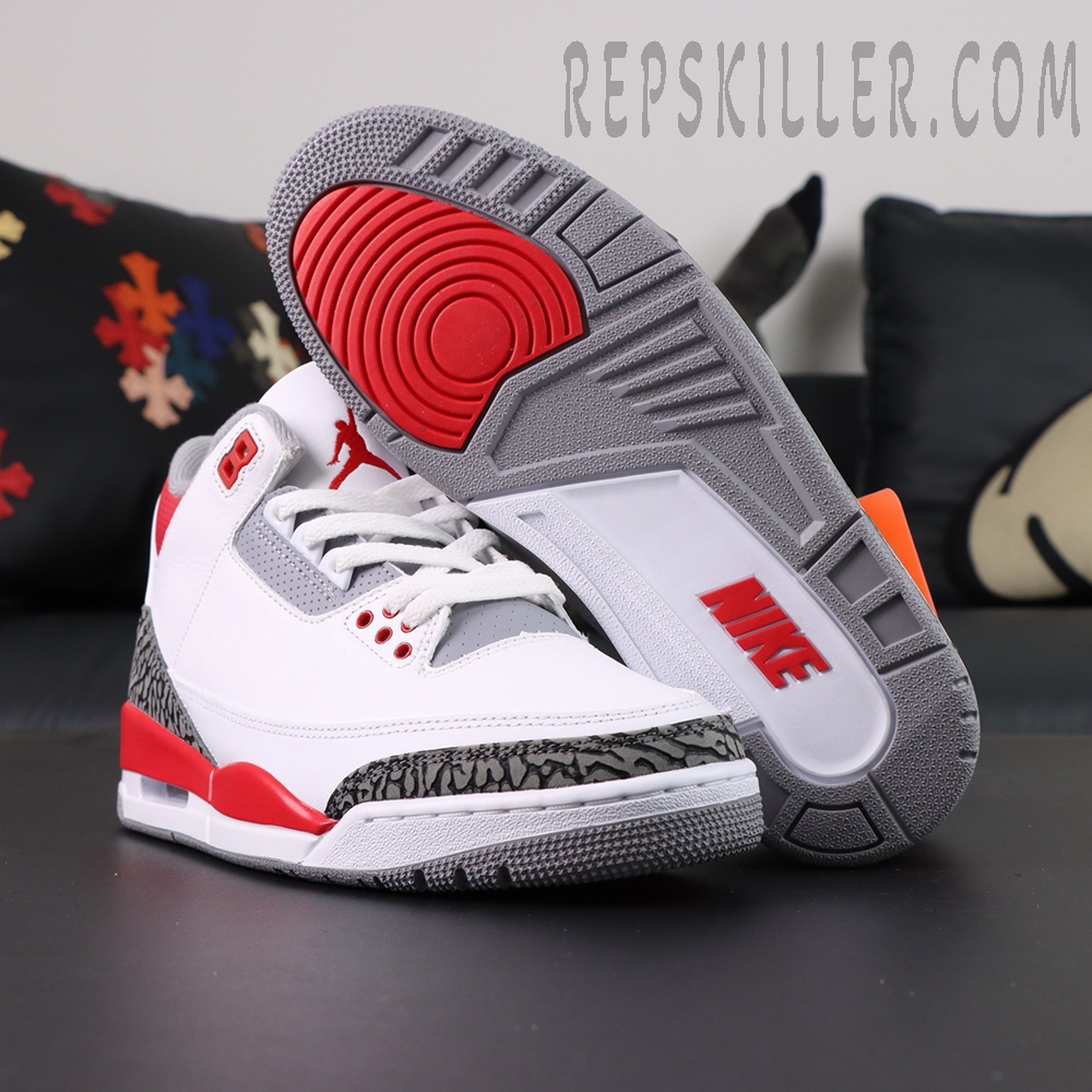 Air Jordan 3 “Fire Red” 2022 outsole and side profile, highlighting Nike branding in red.