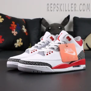 Side view of Air Jordan 3 Retro “Fire Red” 2022 with hang tag and Jumpman box background.